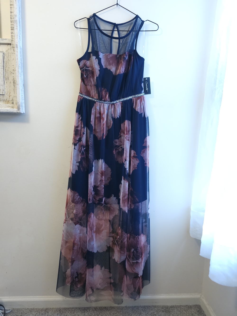 Navy Floral Mesh Maxi Dress with Pink Blooms